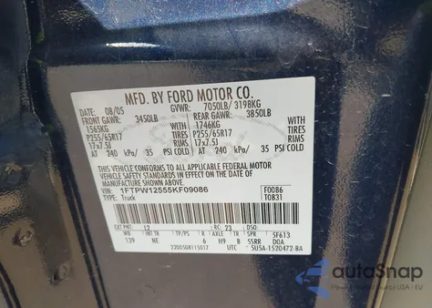 2005 Ford F-150 Lariat/Xlt from USA, damaged, VIN 1FTPW12555KF09086